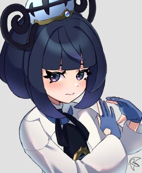 1girl black_dress black_hair blue_gloves blunt_bangs bob_cut closed_mouth coat commentary dress english_commentary gloves gwynn_(pokemon) hat highres long_sleeves looking_at_viewer meru_merume603 mixed-language_commentary nintendo open_clothes open_coat partially_fingerless_gloves pokemon pokemon_legends:_z-a purple_eyes short_hair signature solo upper_body white_coat