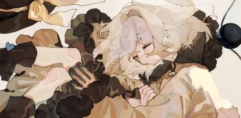 1girl black_boots black_hat blue_nails boots bow closed_eyes commentary_request feet_out_of_frame fetal_position fingernails frilled_sleeves frills grey_hair hat hat_bow highres komeiji_koishi long_sleeves lying on_side open_mouth shinjitsu_no_kuchi shirt short_hair solo third_eye touhou unworn_hat unworn_headwear white_background yellow_bow yellow_shirt