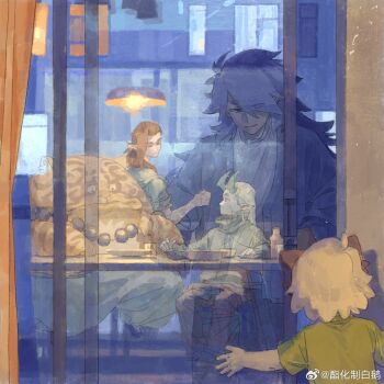 5boys animal_ears aqua_horns bowl brown_hair cat_boy cat_ears cup curtains eyes_visible_through_hair fengxi_(the_legend_of_luoxiaohei) green_shirt highres horns indoors jewelry luo_xiaohei luo_xiaohei_(human) luo_xiaohei_zhanji luozhu_(the_legend_of_luoxiaohei) male_focus multiple_boys necklace pointy_ears profile purple_hair reflection shirt short_sleeves table tianhu_(the_legend_of_luoxiaohei) white_hair window xuhuai_(the_legend_of_luoxiaohei) zhzbaie