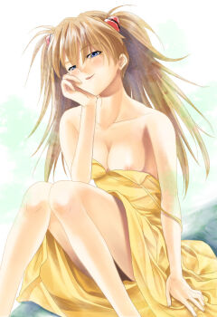 Rule 34 | 1girl, bare shoulders, blue eyes, breasts, brown hair, dress, female focus, maki aida factor, naughty face, neon genesis evangelion, nipple slip, nipples, solo, souryuu asuka langley, strap slip, yellow dress