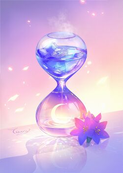 chinese_commentary commentary_request crescent flower highres hourglass ice ice_cube leaf light_particles liquid no_humans object_focus original purple_flower reflection shadow signature taoqi7777 water