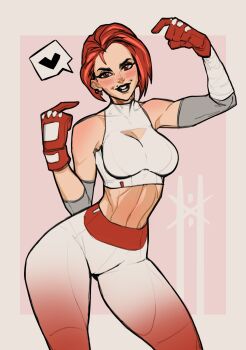 1girl absurdres asymmetrical_bangs bandages black_lips cleavage_cutout clothing_cutout collarbone commentary earrings english_commentary facing_viewer gloves heart highres jewelry leaning_to_the_side lexi_pepper_(madsnsfw) looking_at_viewer madsnsfw multicolored_hair narrow_waist original pants pointing pointing_at_self red_eyes red_gloves short_hair simple_background sketch sleeveless smile solo solo_focus spoken_heart sports_bra sportswear two-tone_hair upper_body wide_hips