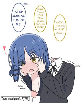 1girl after_ejaculation black_jacket blue_hair bocchi_the_rock! dickneck disembodied_head dullahan english_text hair_ornament hairclip hands_on_own_cheeks hands_on_own_face jacket jbxpism misplaced_genitals penis_neck shirt simple_background solo speech_bubble uncensored what white_background white_shirt yamada_ryo yellow_eyes