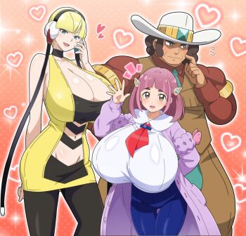 1boy 2girls absurdres age_difference blonde_hair blue_eyes blueberry_academy_school_uniform breasts brown_hair choker clay_(pokemon) cleavage cowboy_hat elesa_(pokemon) father_and_daughter hair_ornament hat headphones heart highres hitokiwa_kenchin huge_breasts jewelry lacey_(pokemon) leggings multiple_girls navel necktie nintendo open_mouth pink_hair pokemon pokemon_bw pokemon_sv school_uniform smile thick_eyebrows waving