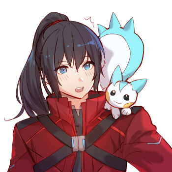 1boy black_hair blue_eyes chinese_commentary commentary_request cyacyacyacyaki gen_4_pokemon high_ponytail highres jacket male_focus nintendo noah_(xenoblade) on_shoulder open_mouth pachirisu pokemon pokemon_(creature) pokemon_on_shoulder ponytail red_jacket simple_background white_background xenoblade_chronicles_(series) xenoblade_chronicles_3