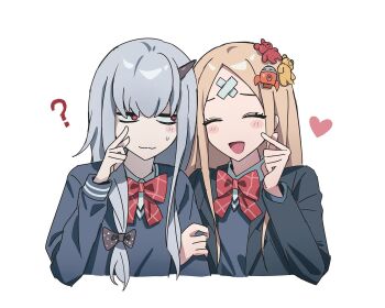 2girls ? abigail_williams_(over_the_same_sky)_(fate) bandaged_hand bandages bear_hair_ornament black_jacket blonde_hair blue_cardigan bobi bow bowtie cardigan checkered_clothes closed_eyes collared_shirt commentary_request confused cropped_torso fate/grand_order fate_(series) finger_heart grey_hair hair_bow hair_ornament heart horns jacket korean_commentary lapels lavinia_whateley_(over_the_same_sky)_(fate) long_sleeves multiple_girls notched_lapels open_mouth polka_dot polka_dot_bow rocket_hair_ornament shirt sideways_glance single_horn striped_cardigan sweatdrop white_shirt