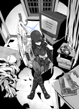 Rule 34 | 1girl, akaimame, baseball cap, bed, black hair, blue archive, blue halo, bouquet, breasts, chair, commentary request, crossed legs, crt, curtains, flower, gloves, halo, hands on headwear, hat, highres, indoors, large breasts, logo, long hair, looking at viewer, messy room, midriff, navel, open mouth, paper, saori (blue archive), shirt, sitting, sleeveless, solo, spot color, stomach, window