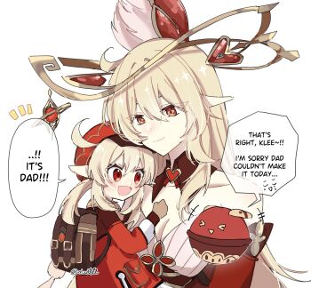 Rule 34 | 2girls, alice (genshin impact), blonde hair, breasts, carrying, child carry, clover print, commentary, dodoco (genshin impact), english commentary, english text, genshin impact, gloves, hat, highres, klee (genshin impact), long hair, mother and daughter, multiple girls, open mouth, orange eyes, pointy ears, red eyes, reiu (rriuette), smile, speech bubble, spoilers, very long hair