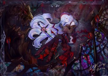 1girl absurdres bare_shoulders black_dress black_gloves black_sleeves black_thighhighs black_veil blazing_cartesia_the_virtuous chain chinese_commentary closed_eyes closed_mouth commentary_request cross dated detached_sleeves dot_nose dress ecclesia_(yu-gi-oh!) expressionless frilled_dress frilled_sleeves frills full_body gloves gradient_clothes gradient_dress gradient_thighhighs hair_spread_out hairband highres indoors kiyo_lexie leg_ribbon light_particles long_dress long_hair long_sleeves lying on_side pale_skin picture_frame pointy_ears red_dress red_hairband red_ribbon red_thighhighs ribbon ruins signature sleeping sleeveless sleeveless_dress solo staff stained_glass thighhighs veil very_long_hair wavy_hair white_hair yu-gi-oh!