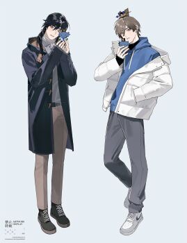 2boys black_coat black_hair black_shirt black_shoes blue_hoodie cao_cao_(shin_sangoku_musou) coat collared_shirt commentary_request contemporary earrings full_body grey_background grey_eyes grey_hair grey_pants grey_shirt guo_jia_(shin_sangoku_musou) hair_between_eyes hair_over_shoulder hair_ribbon hand_in_pocket highres holding holding_toy hood hood_down hoodie jacket jacket_over_hoodie jewelry light_blush long_hair looking_at_viewer low_ponytail male_focus multiple_boys p3ach0520 pale_skin pants parted_lips ponytail red_ribbon ribbon shin_sangoku_musou shin_sangoku_musou_origins shirt shirt_under_shirt shoes short_hair sneakers toy turtleneck upper_body white_jacket white_shirt white_shoes xun_yu_(shin_sangoku_musou)