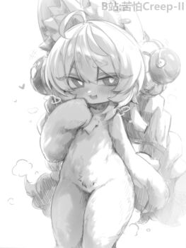 1girl ahoge animal_ears bilibili_username braid completely_nude furry furry_female greyscale highres kupa_(jesterwii) long_hair looking_at_viewer monochrome nude open_mouth pear-shaped_figure simple_background solo thick_eyebrows white_background zenless_zone_zero zhao_(zenless_zone_zero)