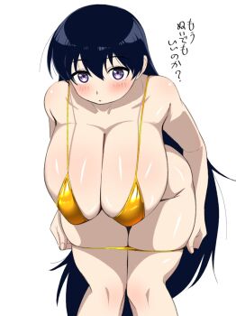 1girl arato_nagi bent_over bikini bikini_bottom_pull black_hair blush breasts commentary_request curvy gold_bikini highres huge_breasts imiin long_hair looking_at_viewer purple_eyes ruri_no_houseki simple_background solo swimsuit white_background