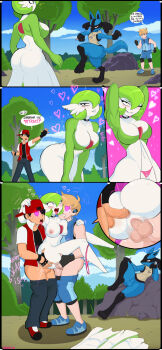 1girl 3boys ace_trainer_(male)_(pokemon_sm) ace_trainer_(pokemon) ahegao anal ass_grab bad_id battle black_gloves breasts choker cleavage clothed_male_nude_female comic completely_nude double_penetration earrings english_text fingernails flaccid forced_to_watch gardevoir gen_3_pokemon gen_4_pokemon gloves group_sex hair_over_one_eye heart heart-shaped_pupils hetero highres interspecies jewelry large_breasts leaning_forward lucario multiple_boys multiple_earrings nintendo nude outdoors panties penis pink_panties pokemon pokemon_(creature) pokemon_rgby pokemon_sm red_(pokemon) reverse_suspended_congress sex sex_from_behind shadman small_penis speech_bubble suspended_congress symbol-shaped_pupils tagme talking threesome underwear vaginal