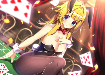 1girl absurdres alternate_costume animal_ear_hairband animal_ears black_leotard black_pantyhose blonde_hair blue_eyes blunt_bangs blurry blurry_background blush bow bowtie breasts card casino casino_card_table cleavage closed_mouth collarbone commentary_request depth_of_field diagonal-striped_bow diagonal-striped_bowtie diagonal-striped_clothes dutch_angle fake_animal_ears fake_tail feet_out_of_frame floating_card furrowed_brow hair_ornament hairband hairclip hand_up heart heart_hair_ornament highleg highleg_leotard highres indoors large_breasts leotard limelight_lemonade_jam long_hair looking_at_viewer on_table pantyhose parallel_hairclips playboy_bunny rabbit_ears rabbit_tail red_bow red_bowtie shimakoshi_tsukimi sitting smile solo sparkle strapless strapless_leotard striped_bow striped_bowtie striped_clothes sukonbu385 table tail tareme thick_eyebrows watermark white_wrist_cuffs wrist_cuffs
