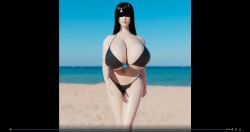 1girl 3d animated bare_arms bare_legs bare_shoulders beach bikini black_bikini black_blindfold black_hair blindfold blue_sky blurry blurry_background bouncing_breasts breasts cleavage colorized full_body gigantic_breasts highres huge_breasts isha_(momoyama) jiggle long_hair momoyama ocean sky smile standing straight_hair swimsuit tagme thick_lips thighs video walking