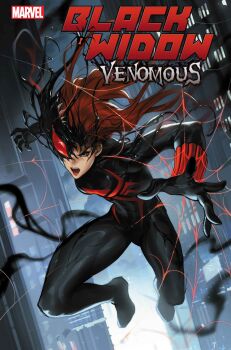 1girl absurdres animal_print artist_name black_bodysuit black_widow bodysuit bug building city cloud cloudy_sky comic_cover company_name copyright_logo copyright_name cover cover_page eyelashes floating_hair green_eyes highres incoming_attack jumping leirix lips logo long_hair looking_at_viewer marvel natasha_romanoff night official_art open_mouth outdoors red_hair red_lips sharp_teeth signature sky skyscraper solo spider spider-man_(series) spider_print symbiote teeth v-shaped_eyebrows