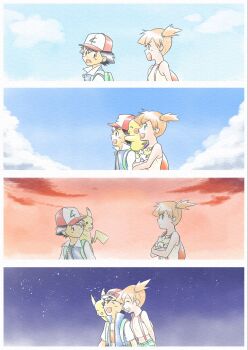 1boy 1girl :d ash_ketchum backpack bag baseball_cap black_hair blue_jacket closed_eyes cloud comic crossed_arms gen_1_pokemon green_bag green_shorts gym_leader hat holding holding_pokemon jacket misty_(pokemon) night nintendo on_shoulder open_mouth orange_hair outdoors pikachu pokemon pokemon_(anime) pokemon_(classic_anime) pokemon_(creature) pokemon_on_shoulder pokemon_rgby ponytail shirt short_hair short_sleeves shorts side_ponytail silent_comic sky sleeveless sleeveless_jacket smile spiked_hair star_(sky) suspenders t-shirt teeth tongue white_shirt yellow_shirt