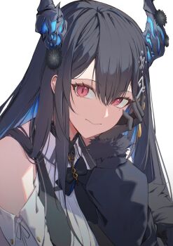 1girl bare_shoulders black_hair black_horns blue_hair commentary english_commentary eyelashes highres hololive hololive_english horns looking_at_viewer multicolored_hair narukamitooru nerissa_ravencroft nerissa_ravencroft_(1st_costume) purple_eyes shirt slit_pupils solo two-tone_hair upper_body virtual_youtuber white_shirt