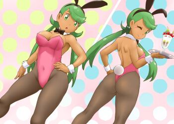 1girl ;) animal_ears ass back black_neckwear black_pantyhose bow bowtie breasts cleavage coat commentary_request covered_navel dark-skinned_female dark-skinned_male dark_skin detached_collar dutch_angle fake_animal_ears fake_tail food green_eyes green_hair hair_tie hand_on_own_hip highleg highleg_leotard holding holding_tray ice_cream leotard long_hair looking_at_viewer looking_back mallow_(pokemon) medium_breasts multiple_views nintendo one_eye_closed open_mouth pantyhose pink_leotard playboy_bunny pokemon pokemon_sm polka_dot polka_dot_background rabbit_ears rabbit_tail shoulder_blades smile standing strapless strapless_leotard sundae swept_bangs tail thighs thong_leotard tof tray twintails white_coat wrist_cuffs