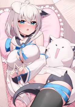 1girl ahoge animal_ears aqua_eyes blue_ribbon blush braid breasts cleavage deaver double_fox_shadow_puppet ear_piercing fox_ears fox_girl fox_shadow_puppet fox_tail fubuzilla_(shirakami_fubuki) grey_hair hair_between_eyes highres hololive hood hoodie jewelry large_breasts long_hair low_ponytail navel nude open_mouth piercing pillow ponytail ribbon shirakami_fubuki shirakami_fubuki_(1st_costume) side_braid solo tail very_long_hair virtual_youtuber white_hair white_hoodie