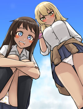 2girls black_socks blonde_hair blue_eyes blue_skirt blue_sky blush blush_stickers breasts brown_cardigan brown_hair cardigan cardigan_around_waist choppy_bangs closed_mouth clothes_around_waist commentary_request day dokuna double-parted_bangs embarrassed fang food_print from_below fruit_print gyaru hand_up higa_kana highres hugging_own_legs kneehighs kogal kyan_hina large_breasts long_hair looking_at_viewer looking_down miniskirt multiple_girls okinawa_de_suki_ni_natta_ko_ga_hougen_sugite_tsurasugiru open_mouth outdoors panties pink_scrunchie pleated_skirt print_panties school_uniform scrunchie shirt short_sleeves skirt sky sleeves_rolled_up smile socks squatting straight_hair underwear upskirt white_panties white_shirt yellow_eyes