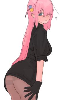 1girl alternate_costume ass blue_eyes blush bocchi_the_rock! breasts gloves gotoh_hitori hair_over_one_eye half-closed_eye highres huge_ass large_breasts legs long_hair looking_at_viewer no_panties pantyhose pink_hair sideboob solo thighs