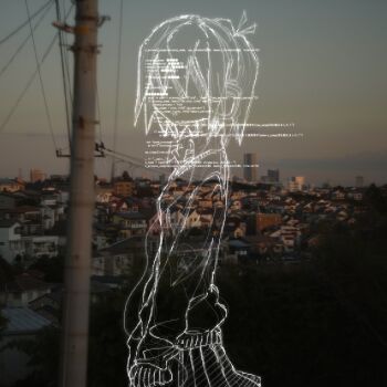 1girl absurdres city code from_side glitch highres long_sleeves narue original outdoors photo_background pleated_skirt short_hair skirt solo sweater upper_body utility_pole