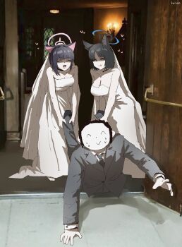 absurdres blue_archive blue_halo bridal_veil closed_eyes commentary doodle_sensei_(blue_archive) dragging dress halo heart highres kai_xin kazusa_(blue_archive) kikyou_(blue_archive) pink_halo sensei_(blue_archive) symbol-only_commentary tongue tongue_out veil wedding_dress