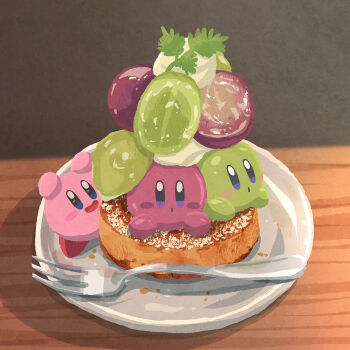 :d blue_eyes blush_stickers commentary food fork fruit grapes highres in_food kirby kirby_(series) miclot nintendo no_humans open_mouth plate smile tart_(food)