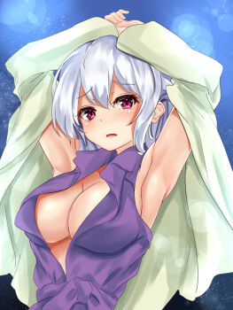1girl alternate_costume armpits arms_up blue_background blurry blush bokeh breasts cleavage collared_shirt depth_of_field ears hair_between_eyes hands_up jacket kaeranu_kaeru kishin_sagume large_breasts looking_at_viewer night no_bra nose open_clothes open_jacket open_mouth purple_eyes shirt sideboob sky sleeveless solo star_(sky) starry_sky tied_shirt touhou upper_body white_hair
