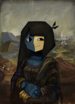 Rule 34 | 1girl, black eyes, black hair, blue skin, blunt bangs, breasts, brown dress, cleavage, closed mouth, colored skin, crossed arms, cubism, dress, ena (ena), ena (series), ena (web series), fine art parody, highres, ikitakawa, landscape, long hair, long sleeves, looking at viewer, low poly, mona lisa, multicolored skin, outdoors, painterly, parody, sad ena, smile, solo, split-color skin, two-tone skin, upper body, yellow skin