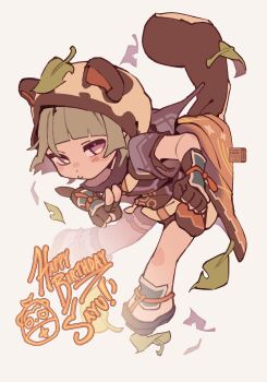 1girl absurdres animal_ears armor artist_name black_gloves blue_sandals blunt_bangs blush character_name clenched_hand closed_mouth colored_inner_hair commentary english_commentary english_text fingerless_gloves floral_print flying-frappuccino full_body genshin_impact gloves green_hair hand_up happy_birthday highres honeycomb_(pattern) hood jacket japanese_armor japanese_clothes kimono kote kurokote leaf leaf_on_head multicolored_hair open_clothes open_jacket purple_eyes purple_hair purple_jacket raccoon_ears raccoon_girl raccoon_hood raccoon_tail sandals sayu_(genshin_impact) short_hair short_kimono short_sleeves simple_background solo standing tail thigh_strap v white_background yellow_hood yellow_kimono