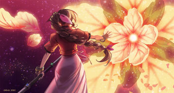 1girl 2024 aerith_gainsborough artist_name bangle bracelet braid braided_ponytail brown_hair cowboy_shot cropped_jacket dress facing_away falling_petals fighting_stance final_fantasy final_fantasy_vii final_fantasy_vii_rebirth final_fantasy_vii_remake flower from_behind hair_ribbon holding holding_staff jacket jewelry long_dress long_hair okha outstretched_hand petals pink_dress pink_ribbon red_jacket ribbon short_sleeves sidelocks single_braid solo staff