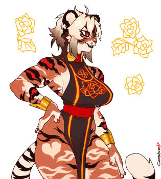 1girl animal_ears animal_nose animal_print bangle black_dress black_fur body_fur bracelet breasts cerebro_podrido china_dress chinese_clothes choker dress furry furry_female gold_bracelet highres jewelry muscular muscular_female orange_fur original pelvic_curtain print_dress red_choker red_eyes short_hair side_slit simple_background sleeveless sleeveless_dress snout tail tiger_ears tiger_girl tiger_print tiger_tail white_fur