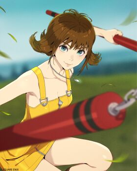 1girl bare_shoulders blurry blurry_background breasts brown_hair cleavage closed_mouth cowboy_shot curly_hair falling_leaves fighting_stance final_fantasy final_fantasy_viii green_eyes highres holding holding_nunchaku holding_weapon jewelry kobayashi_gen leaf medium_breasts necklace nunchaku official_art overall_skirt overalls selphie_tilmitt short_hair smile solo square_enix weapon yellow_overalls zipper_pull_tab