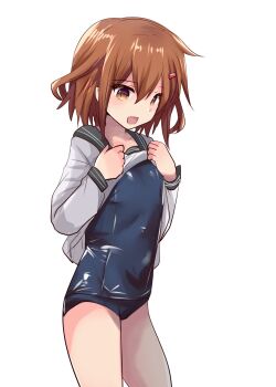 Rule 34 | 1girl, black one-piece swimsuit, blue sailor collar, blush, breasts, brown eyes, brown hair, commentary request, covered navel, cowboy shot, fang, hair between eyes, hair ornament, hairclip, highres, hirune (konekonelkk), ikazuchi (kancolle), kantai collection, long sleeves, looking at viewer, neckerchief, old school swimsuit, one-piece swimsuit, open mouth, sailor collar, sailor shirt, school swimsuit, school uniform, serafuku, serasuku, shirt, short hair, smile, solo, swimsuit, swimsuit under clothes, white background