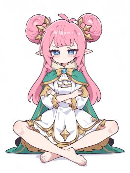 Rule 34 | 1girl, absurdres, ahoge, ascot, barefoot, blue eyes, blush, bright pupils, cape, closed mouth, commentary request, crossed arms, diamond-shaped pupils, diamond (shape), double bun, dress, feet, frown, full body, fur-trimmed cape, fur trim, green cape, hair bun, hair ornament, highres, indian style, krithia (roco kingdom: world), long hair, looking at viewer, pink hair, pointy ears, roco kingdom: world, shenghe, simple background, sitting, solo, symbol-shaped pupils, toes, white background, white dress, white pupils