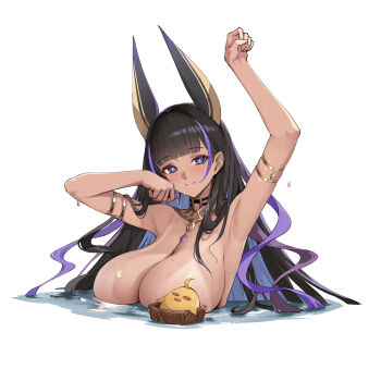 1girl absurdres animal_ears armlet armpits azur_lane black_hair blunt_bangs breasts bucket cleopatra_(azur_lane) cleopatra_(stars_and_roses)_(azur_lane) convenient_censoring dark-skinned_female dark_skin genera-x gold_armlet gold_collar highres huge_breasts jackal_ears jackal_girl jewelry long_hair looking_at_viewer manjuu_(azur_lane) multicolored_hair nude official_alternate_costume partially_submerged purple_eyes purple_hair purple_streaks simple_background smile solo star-shaped_pupils star_(symbol) streaked_hair symbol-shaped_pupils tan tanline very_long_hair water wet wooden_bucket