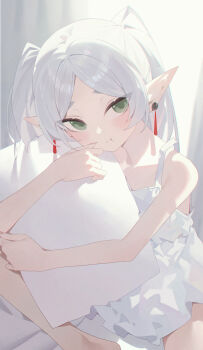 Rule 34 | 1girl, :t, absurdres, aqua eyes, blush, commentary request, curtains, day, dress, earrings, elf, fingernails, frieren, green eyes, grey hair, head on pillow, head tilt, highres, hugging object, indian style, indoors, jewelry, legs, lingerie, negligee, on bed, pajamas, pillow, pillow hug, pointy ears, shadow, side sitting split, sitting, sleepwear, solo, songyang syouyou, sousou no frieren, sunlight, twintails, underwear, white dress, white hair