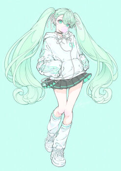 1girl aqua_eyes aqua_hair aqua_theme belt_collar black_skirt blowing_bubble_gum chewing_gum collar commentary drawstring earrings food-themed_hair_ornament full_body hair_ornament hands_in_pockets hatsune_miku highres hood hood_down hoodie jewelry leg_warmers long_hair looking_at_viewer miniskirt muto_(n0sug4r) pleated_skirt shoes simple_background skirt sneakers solo spring_onion_hair_ornament tied_drawstring twintails very_long_hair vocaloid white_hoodie white_leg_warmers white_shoes x_hair_ornament