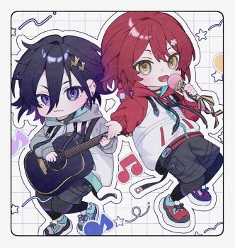 Rule 34 | 10 io, 2boys, :3, acoustic guitar, badge, black hair, black leggings, black nails, black shorts, button badge, chibi, chibi only, commentary request, ear piercing, flower hairpin, grey hood, grey sleeves, grid background, guitar, hair ornament, hairclip, hanasaki miyabi, highres, holding, holding guitar, holding instrument, holding microphone, hololive super expo 2025 outfit, holostars, hood, hoodie, instrument, kanade izuru, leggings, leggings under shorts, long sleeves, male focus, microphone, multiple boys, music, musical note, nail polish, outline, outstretched hand, piercing, playing guitar, playing instrument, purple eyes, raglan sleeves, red hair, red hood, red sleeves, rounded corners, shoes, shorts, sneakers, star (symbol), virtual youtuber, white background, white outline, yellow eyes