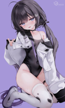 1girl animal_print artist_name black_choker black_hair black_one-piece_swimsuit black_ribbon blue_eyes blush breasts cameltoe choker collarbone commentary_request covered_navel cow_print cow_print_thighhighs hair_ornament hair_ribbon heart heart_hair_ornament highleg highleg_one-piece_swimsuit highres indie_virtual_youtuber jacket long_hair long_sleeves looking_at_viewer low_twintails one-piece_swimsuit open_clothes open_jacket print_thighhighs purple_background ribbon shiny_swimsuit shoes simple_background small_breasts solo swimsuit swimsuit_under_clothes thigh_strap thighhighs twintails very_long_hair virtual_youtuber wet white_jacket white_shoes white_thighhighs yunmi_(vtuber) yunmi_0527