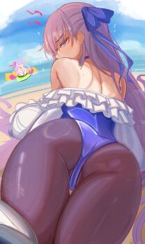 Rule 34 | 0nineo9, 2girls, absurdres, ass, bare shoulders, beach, blue eyes, blue one-piece swimsuit, blue ribbon, blue sky, blush, breasts, brown pantyhose, cameltoe, cleavage, fate/grand order, fate (series), highleg, highleg one-piece swimsuit, highres, long hair, looking at viewer, looking back, meltryllis, meltryllis (fate), meltryllis (swimsuit lancer) (fate), meltryllis (swimsuit lancer) (second ascension) (fate), multiple girls, ocean, off shoulder, one-piece swimsuit, pantyhose, pantyhose under swimsuit, passionlip (swimsuit saber) (first ascension) (fate), passionlip (fate), prosthesis, prosthetic leg, purple hair, ribbon, shore, sky, swimsuit, variant set, very long hair