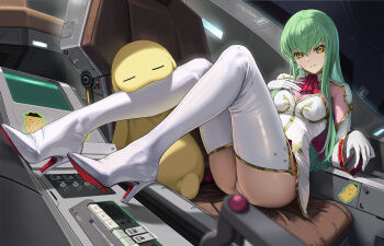 1girl absurdres ascot ass blurry boots breasts c.c. cheese-kun cockpit code_geass depth_of_field earpiece full_body gloves gold_trim green_hair high_heel_boots high_heels highres long_hair looking_at_viewer medium_breasts parted_lips red_ascot sitting solo stuffed_toy thigh_boots thighhighs thighs tooku0 vehicle_interior white_gloves white_thighhighs yellow_eyes