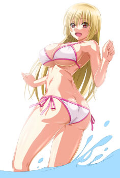 1girl alternate_costume ass bikini blonde_hair breasts copyright_name cosmic_break crimrose kumashiro_izuta large_breasts long_hair looking_at_viewer open_mouth red_eyes smile swimsuit water