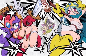 Rule 34 | 2boys, 2girls, aqua hair, aqua tabard, armor, baramos, belt, belt buckle, bikini, bikini armor, black eyes, black hair, blue cape, blue eyes, blush, boots, breasts, brown footwear, buckle, cape, circlet, cleavage, closed mouth, curly hair, dragon quest, dragon quest iii, dress, elbow gloves, energy ball, fang, fight cloud, fighting, gashi-gashi, gem, gloves, green cape, green robe, hair between eyes, halftone, halftone background, helmet, hero (dq3), highres, holding, holding shield, holding staff, holding sword, holding weapon, horns, knee boots, large breasts, long hair, looking at viewer, monster, multiple boys, multiple girls, open mouth, pants, purple cape, purple hair, red armor, red bikini, red eyes, red footwear, red gloves, robe, roto (dq3), sage (dq3), shield, short dress, short hair, shoulder armor, sideboob, single horn, smile, spiked hair, staff, strapless, strapless dress, swimsuit, sword, tabard, tears, warrior (dq3), weapon, white dress, winged helmet, wings, yellow boots, yellow gloves, yellow pants