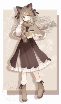 1girl :o animal_ear_fluff animal_ears black_bow blue_eyes blush boots bow brown_boots brown_capelet brown_dress brown_hair brown_scarf capelet cat_ears cat_hair_ornament commentary_request commission copyright_request cup disposable_coffee_cup disposable_cup dress fringe_trim full_body fur-trimmed_boots fur-trimmed_capelet fur_trim hair_bow hair_ornament hairclip hand_up highres hiiragi_kei holding holding_cup long_hair long_sleeves looking_at_viewer parted_lips plaid_clothes plaid_scarf puffy_long_sleeves puffy_sleeves scarf shirt skeb_commission solo standing standing_on_one_leg two_side_up very_long_hair virtual_youtuber watermark white_shirt