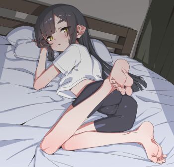 1girl akari_(raigou) barefoot bike_shorts black_hair elf highres long_hair looking_at_viewer lying on_bed open_mouth original pillow pointy_ears raigou sidelocks solo thick_eyebrows yellow_eyes