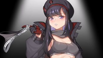 1girl beret black_hair breasts colored_inner_hair eunhwa_(nikke) eunhwa_(tactical_upgrade)_(nikke) goddess_of_victory:_nikke grapeanime grey_jacket grey_sports_bra hat highres holding holding_panties holding_underwear holding_unworn_clothes jacket medium_breasts multicolored_hair panties purple_eyes purple_hair solo sports_bra sweat underwear