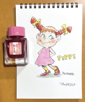 1girl akahanadragon arms_behind_back blue_eyes blush braid character_name copyright_name dress freckles full_body inkwell mother_(series) mother_1 nintendo notebook orange_hair pippi_(mother) shoes smile socks solo traditional_media twin_braids